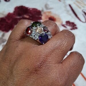Elegant Multicolor Costume Silvertone Gemstone Statement Ring